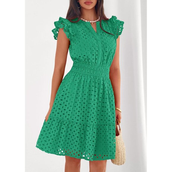 Women's Green V Neck Eyelet Cap Sleeve Summer Beach Vacation Sundresseses - Picture 3 of 8